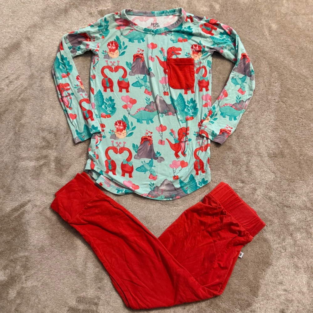 Birdie Bean Kids 4T Bamboo Pajama Set Valentines Dinosaur Blue Red Long Sleeve